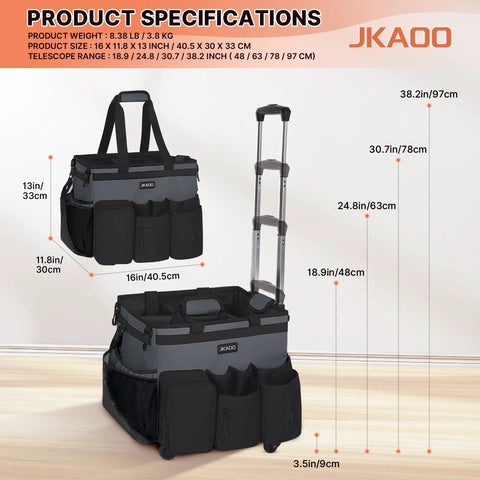 Large Rolling Cleaning Caddy On Wheels With Detachable Trolley, gray waterproof organizer showcasing dimensions and detachable features.