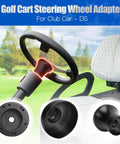Slick Club Car DS Golf Cart Steering Wheel Adapter showing black steel components and steering wheel on a golf cart seat.