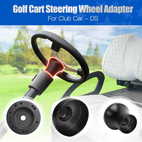 Slick Club Car DS Golf Cart Steering Wheel Adapter showing black steel components and steering wheel on a golf cart seat.