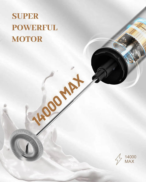 Rechargeable Milk Frother With USB, Portable Handheld Whisk For Latte, Cappuccino, Hot Chocolate And More, showing powerful motor.
