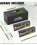 Packaging of 7.4V 50C 6200mAh LiPo Battery X2 with stickers and manual for 1/8 and 1/10 RC vehicles.