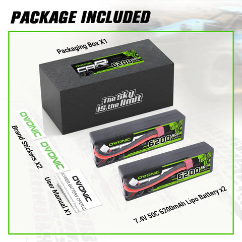 Packaging of 7.4V 50C 6200mAh LiPo Battery X2 with stickers and manual for 1/8 and 1/10 RC vehicles.