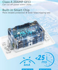 Top Shelf 20 Amp GFCI Outlet With Auto Self Triggering Ground Fault Breaker And Bright Led Light Weather Proof Receptacle internal components view showing smart chip and fast tripping speed.