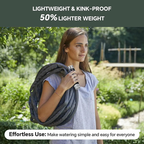 Garden hose coil, 75 ft, black and gray, carried by a woman outdoors.