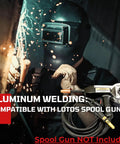 Welder using MIG for aluminum; no spool gun. 175A MIG Welder With Synergistic Auto Settings, Voltage Fine Tuning, Gas MIG And Flux Core Welding, 240V, Gasless Option, Brown Body, No Aluminum Spool Gun.