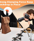 Heavy Duty Balloon Arch Clips Set, 10 Pcs 4.5 Inch Plastic Spring Clamps securing photo backdrop with brown bag scene