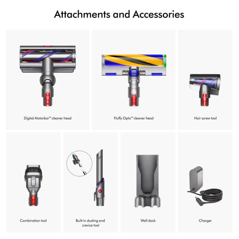 Attachments and accessories for Gen5Detect Cordless Vacuum With 280AW Suction, Three Power Modes, Up To 70 Minutes Runtime.