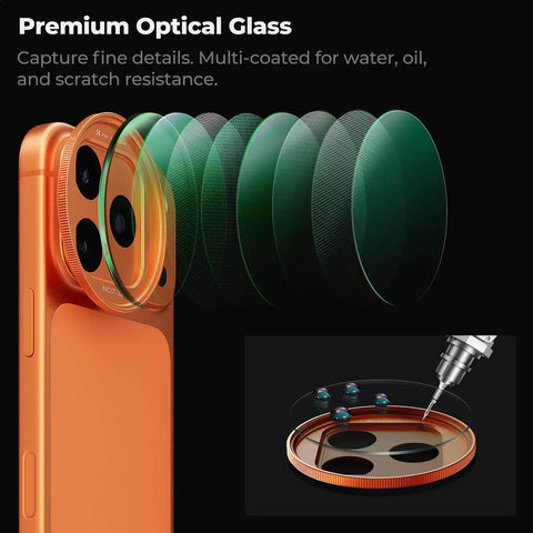 Snap On Variable ND Filter For iPhone 17 Pro And Pro Max Ultra Lightweight 11.2g Deco Mount Reduces Light For Smooth Motion Gimbal Ready AGC Glass 28 Layer Coating ND 2 To 32 on orange phone with coating layers