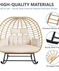 Double Wicker Egg Chair Rocker For Indoor Or Outdoor Patio Cozy Two Person Lounge Chair With Thick Cushions 680 Lbs Capacity Hand Woven PE Rattan Beige on a sturdy steel frame