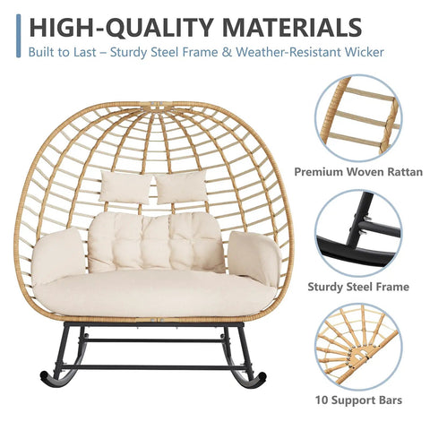 Double Wicker Egg Chair Rocker For Indoor Or Outdoor Patio Cozy Two Person Lounge Chair With Thick Cushions 680 Lbs Capacity Hand Woven PE Rattan Beige on a sturdy steel frame