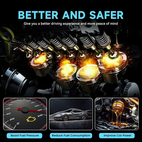 Internal view of engine combustion with icons for boosting fuel pressure, reducing fuel consumption, and improving car power.