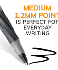 Close-up of black Round Stic Grip Xtra Comfort Fashion Ball Point Pen with Soft Grip, 1.2mm Medium Point, and ink stroke illustration.