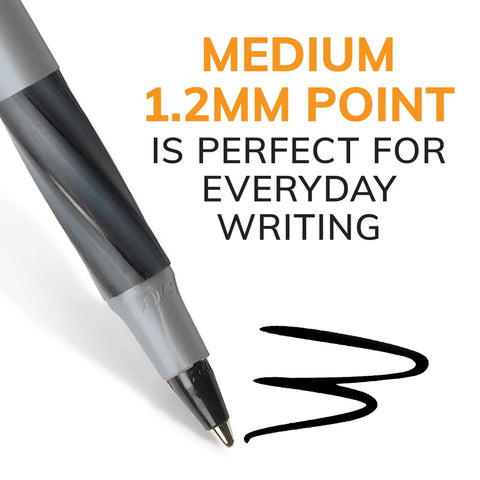 Close-up of black Round Stic Grip Xtra Comfort Fashion Ball Point Pen with Soft Grip, 1.2mm Medium Point, and ink stroke illustration.