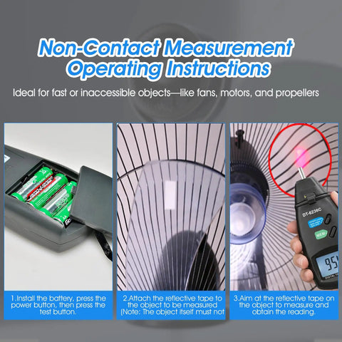 No Sweat Heavy Duty 2 In 1 Digital Rpm Tachometer Gauge Featuring Laser Photo Sensor And Physical Probe For Fast Engine Hvac Motor And Drone Shaft Speed Readouts showing non-contact measurement instructions.