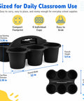 Six Pack Black Classroom Caddies With Handles For Desk Organization, 6 Compartment Supply Organizer showing dimensions and features