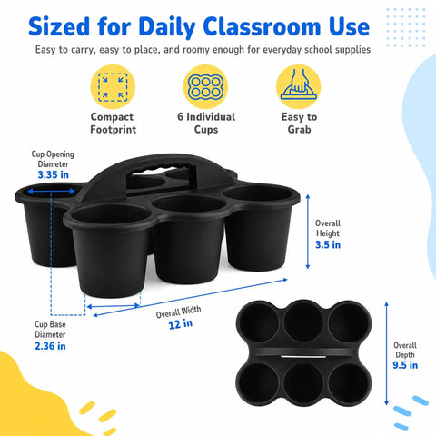 Six Pack Black Classroom Caddies With Handles For Desk Organization, 6 Compartment Supply Organizer showing dimensions and features