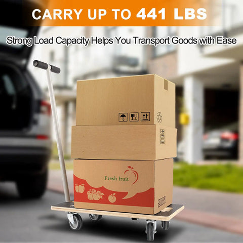 Premium Heavy Duty Rectangular Wood Platform Dolly With Handle For Moving Furniture carrying boxes with a solid frame and 441 lb capacity.