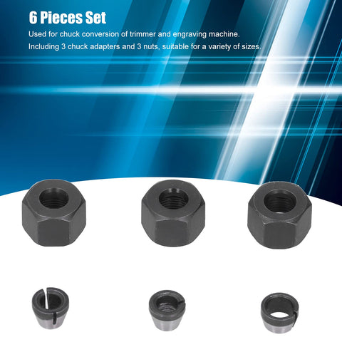 Six Piece Router Collet Kit Set with Carbon Steel Chuck Adapters and Locknuts for Trimmer and Engraving Machines, 6mm 6.35mm 8mm