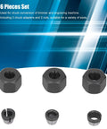 Router Collet Replacement Kit Carbon Steel 6mm 6.35mm 8mm with nut, three adapters and three nuts on a blue background