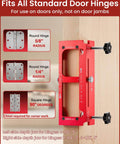 Built Tough Aluminum Door Hinge Jig For 2.5 To 5 Inch Hinges Adjustable Jamb Router Jig With Radius Quarter Inch And Radius Five Eighths Inch Square Corner 6061 Aluminum Alloy By JoblikeBrez showing red jig on wooden door with hinge diagrams