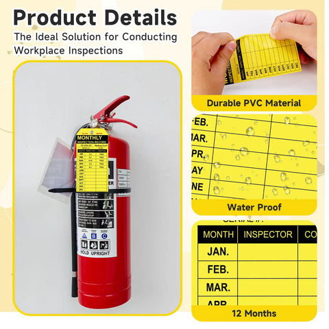50 Pack PVC Fire Extinguisher Monthly Inspection Tags 4.7 by 2.3 Inches with wire and marker on red extinguisher