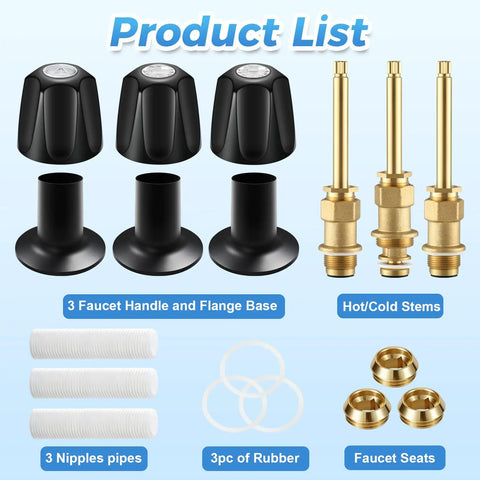 3 Piece Matte Black Tub And Shower Knob Replacement Kit For Verve And Windsor Faucet Handles components displayed