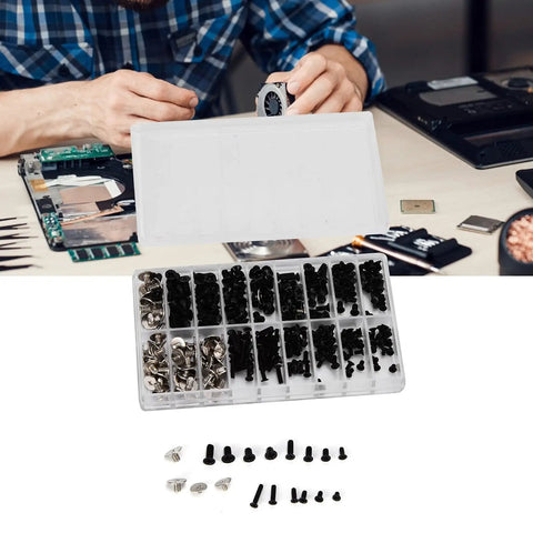 Go-To Computer Screws Kit 360Pcs Alloy Steel Micro Cross Fasteners Set For Laptops And Desktops in clear box on desk with repair tools