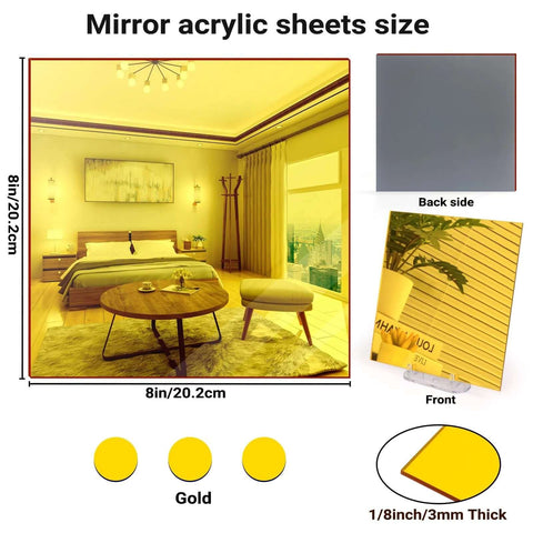 Front view of gold mirror acrylic sheets, 8x8 in, 1/8 in thick, 3-pack with protective film