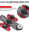 Scale calibrating indicator with red and black knobs for precise measurements on Featherboard For Table Saws And Jigs With Narrow Rip Guide Anti Kickback Bearing Reversible For Left Or Right Use For Smooth Feeding And Precise Repetitive Cuts Your Go To Universal Table Saw Accessory For Band Saws And Router Tables.