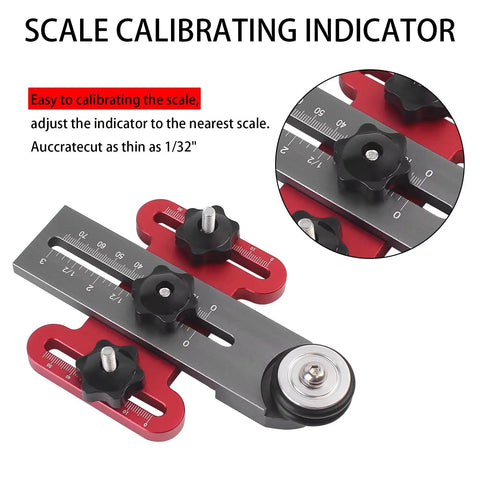Scale calibrating indicator with red and black knobs for precise measurements on Featherboard For Table Saws And Jigs With Narrow Rip Guide Anti Kickback Bearing Reversible For Left Or Right Use For Smooth Feeding And Precise Repetitive Cuts Your Go To Universal Table Saw Accessory For Band Saws And Router Tables.