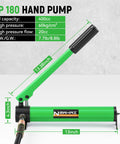 Green hydraulic CP180 hand pump with ram jack; 13-inch ram length, metal cylinder, black fittings