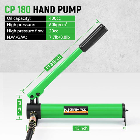 Green hydraulic CP180 hand pump with ram jack; 13-inch ram length, metal cylinder, black fittings