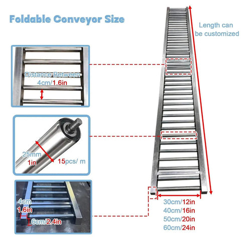 Folding Stainless Steel Conveyor Roller 13ft For Truck Trailers And Warehouses Heavy Duty Unpowered Roller Setup size diagram with measurements.