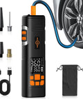 Cordless Tire Inflator Portable Air Compressor with 150 PSI Auto Shutoff LED Light and Digital Pressure Gauge attached to car tire