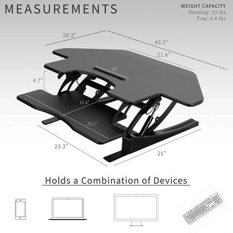 43 Inch Corner Height Adjustable Desk Converter For Sit To Stand Workstation With Dual Monitor Riser, measurements diagram.
