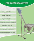 Heavy Duty Incline Auger Screw Conveyor For Industrial Feeding, Stainless Steel Spiral Hopper Powder Feeder 750W, 220V 1PH with specs