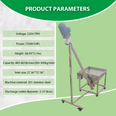 Heavy Duty Incline Auger Screw Conveyor For Industrial Feeding, Stainless Steel Spiral Hopper Powder Feeder 750W, 220V 1PH with specs