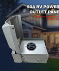 Top Shelf 50 Amp Rv Power Outlet Panel With Nema 14 50R Socket in a weatherproof box, ideal for outdoor use.