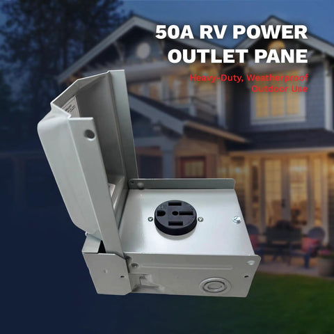 Top Shelf 50 Amp Rv Power Outlet Panel With Nema 14 50R Socket in a weatherproof box, ideal for outdoor use.