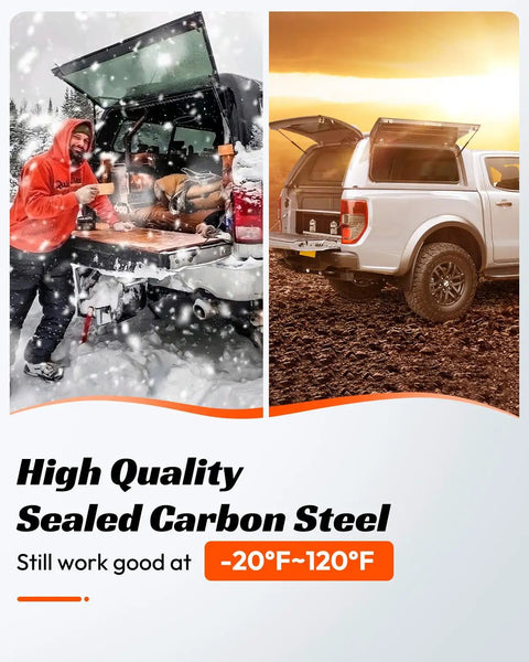 38 Lb Gas Struts For Truck Cap Camper Shell shown in snow and sunset conditions