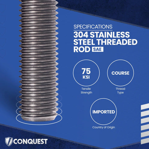 Fully threaded rod, 5/8 in diameter, 11 TPI, 36 in length, Type 304 stainless steel, right-hand threads