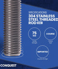 Close-up of Durable Workhorse 3/4 Inch 10 TPI UNC Coarse Stainless Steel Threaded Rod 36 Inches Type 304 with specifications