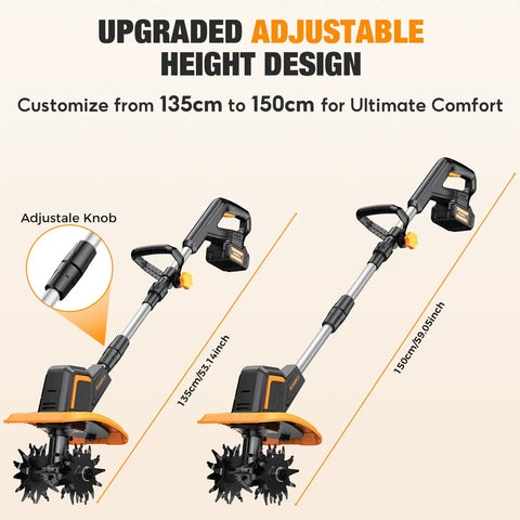 Upgraded Cordless Garden Tiller With Dual 2.0Ah Batteries, adjustable height, 9-inch width, lightweight orange power tool