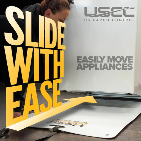 Appliance Slider With Pull Strap 48 Inch By 30 Inch Plastic Floor Protection Large Moving Mat in use on hardwood floor