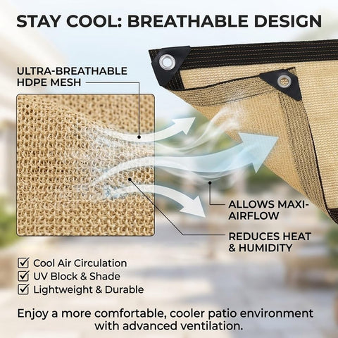 Diagram showing breathable HDPE mesh of Dope Outdoor Sun Shade Cloth Mesh Tarp with Grommets for Patio, heat and humidity reduction.
