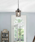 Dope Farmhouse Oak Wood Island Pendant Light With Bronze Finish hanging in light hallway over open door