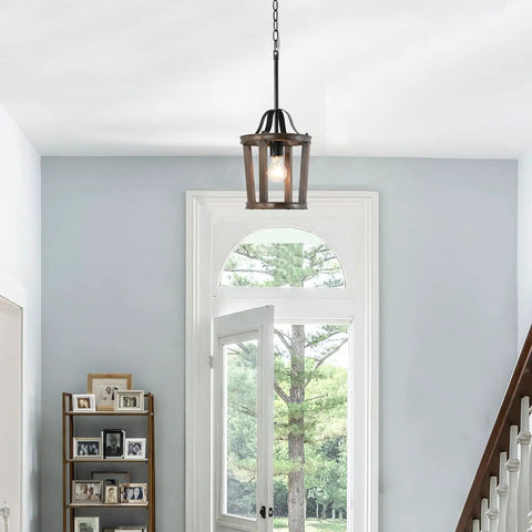 Dope Farmhouse Oak Wood Island Pendant Light With Bronze Finish hanging in light hallway over open door