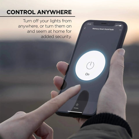 Person using smartphone app to control Smart White LED Bulb 60W Equivalent No Hub Needed Non Dimmable 3 Pack With Built In WiFi Voice Control