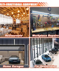 Collage showing uses of multi-functional equipment: restaurant, workplace repairs, home garage, car dealership.