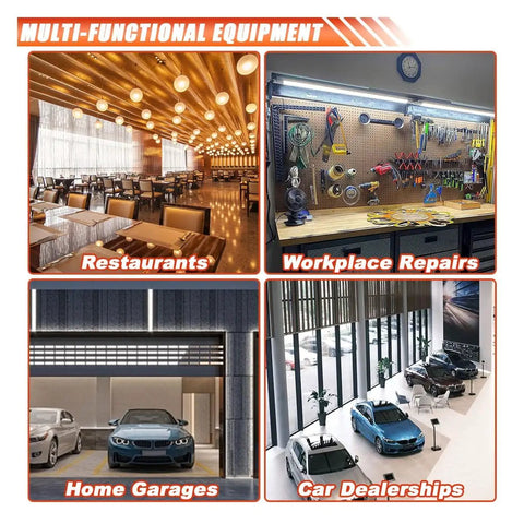 Collage showing uses of multi-functional equipment: restaurant, workplace repairs, home garage, car dealership.
